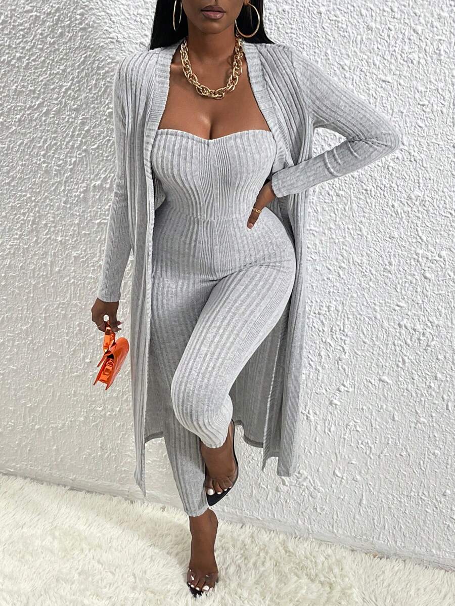 Slaydiva Chất rắn Jumpsuit ống & Mở Mặt trước áo - Xám - Xem 1