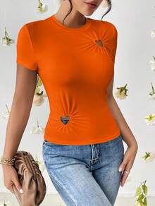 SHEIN Essnce Camiseta unicolor en forma de corazón con abertura - Naranja - Ver 4