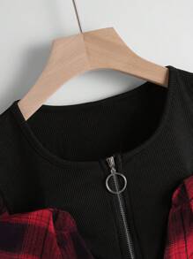 Flirla Plus Plaid Print Cold Shoulder Half Zip 2 In 1 Blouse - Red - View 3