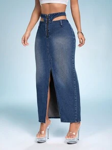 SHEIN ICON Cắt bỏ eo Tách đùi Váy Denim - Màu xanh lam - Xem 4