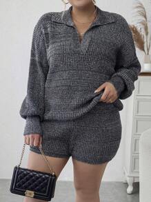 Calvaya Plus Drop Shoulder Sweater & Knit Shorts - Dark Grey - View 4