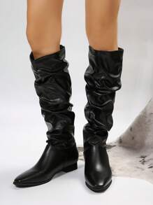 女士休閒平底/低跟長筒靴,女士新款時尚多功能黑色鞋子,適合休閒長靴。 - 黑色 - 查看 4