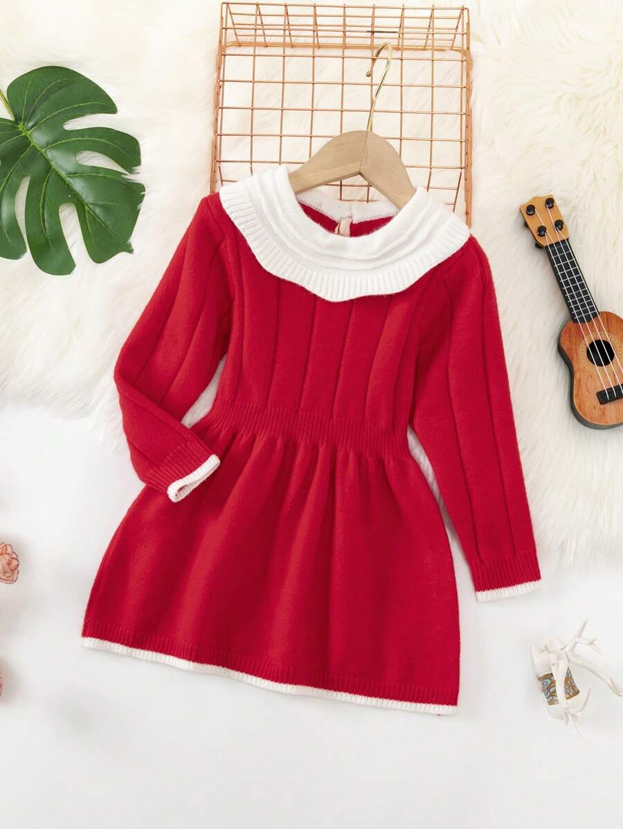 Girls Baby Contrast Trim Keyhole Back Contrast Trim Sweater Dress - Red - View 1
