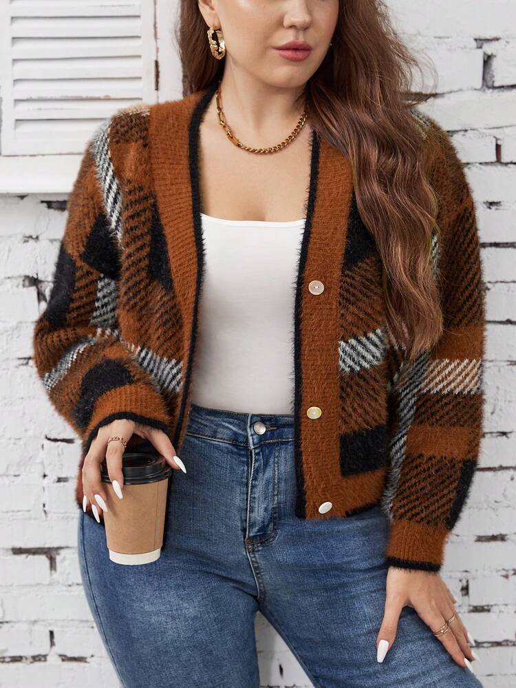 Plus Plaid Pattern Drop Shoulder Cardigan