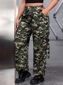 SHEIN EZwear 大碼迷彩印花側翻蓋口袋工裝牛仔褲 - 彩色 - 查看 6