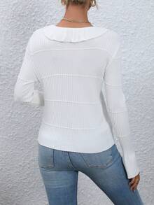 SHEIN Frenchy 荷葉邊條紋針織開襟衫 - 白色 - 查看 2
