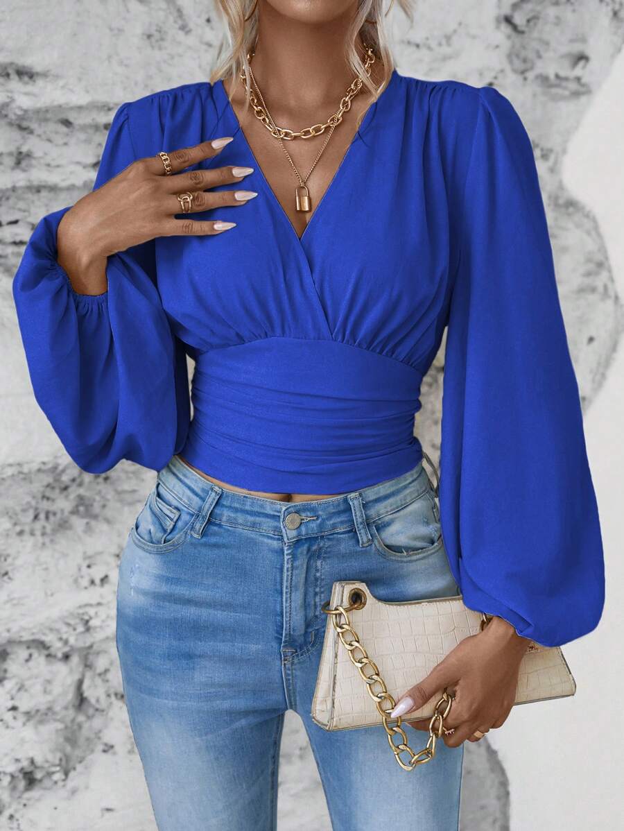 Wandoria Women's Solid Color Overlap V-Neck Lantern Sleeve Pleated Fashion Blouse - Royal Blue - View 1