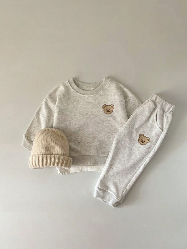 Baby Boy Embroidery Bear Pattern Sweatshirt & Sweatpants Without Hat