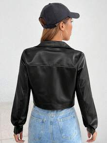 SHEIN PETITE Áo khoác da PU có túi nắp gập - màu đen - Xem 2