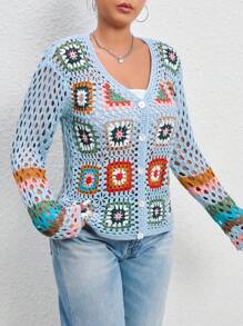 SHEIN EZwear Plus Floral Crochet Insert Open Knit Drop Shoulder Cardigan - Blue - View 5