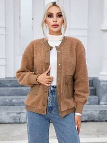 SHEIN Essnce 翻蓋口袋落肩袖毛絨夾克 - 卡其色 - 查看 7