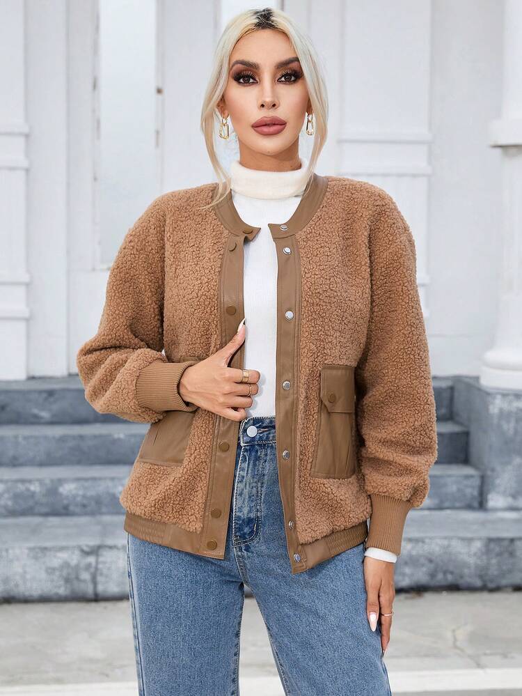 Flap Pocket Drop Shoulder Teddy Jacket