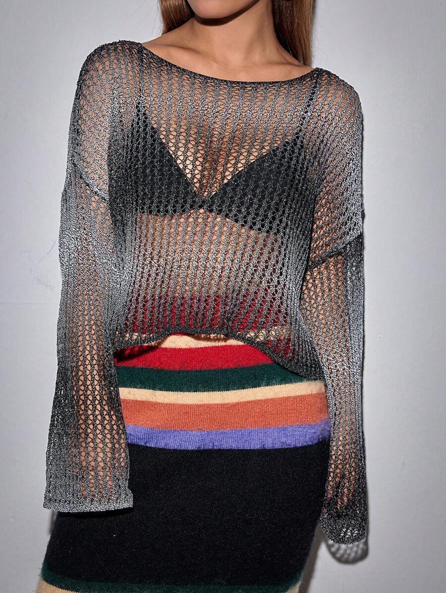 Flirla Hollow Out Drop Shoulder Sweater Without Bra Knit Pullover Fall Winter Sweater - Multicolor - View 1