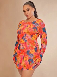 SHEIN BAE 大码圆领长袖时尚扎染紧身连衣裙 - 橘色 - 查看 1