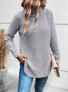 SHEIN Unity Áo len cổ cao tay raglan vạt cong dệt kim mùa thu đông - Màu Xám nhạt - Xem 5