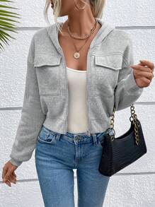 SHEIN VCAY 翻蓋口袋落肩袖拉鏈連帽衫 - 灰色 - 查看 3