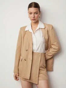 BizChic Lapel Neck Double Breasted Blazer & Skort - Khaki - View 4