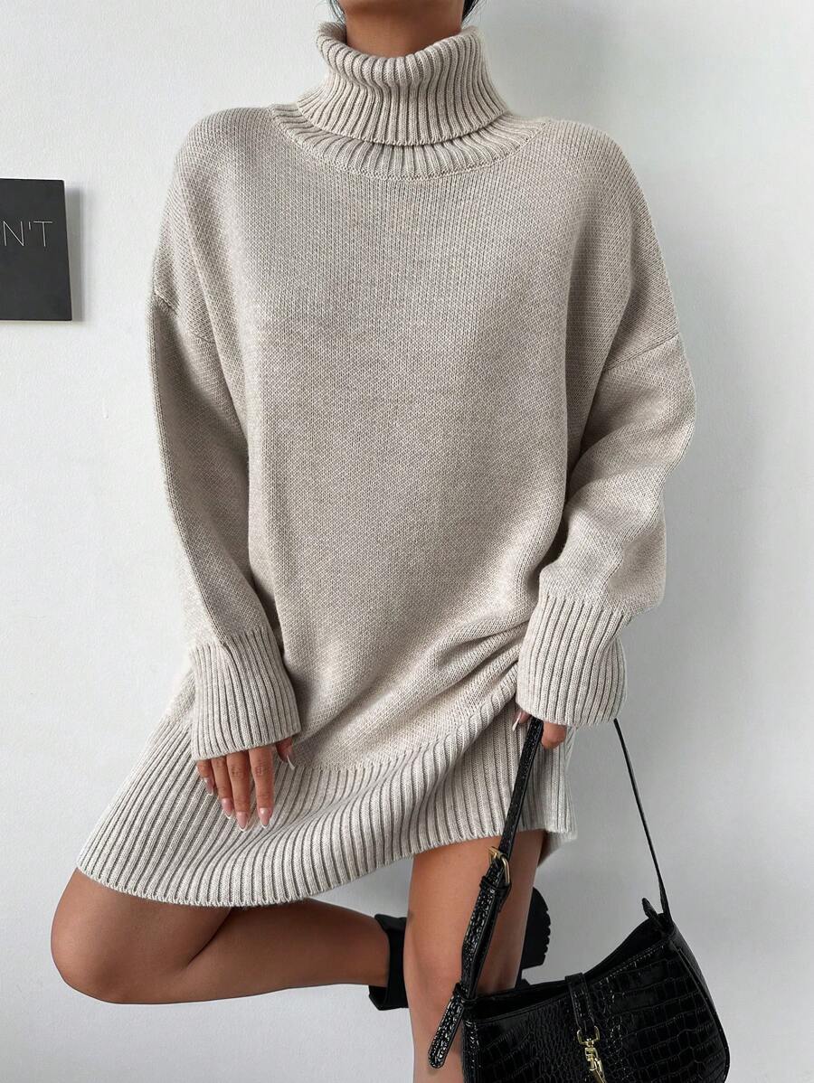 EURMUSE Turtleneck Drop Shoulder Sweater Dress - Beige - View 1