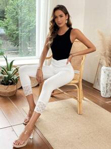 SHEIN LUNE Contrast Lace Asymmetrical Waistband Waist Leggings