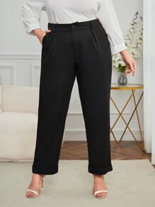 SHEIN Privé بنطلون تفاصيل خياطة جيب مائل مقاس كبير - الأسود - مشاهدة 4