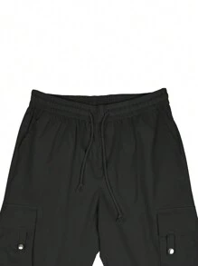 Claim Dot Men Flap Pocket Side Drawstring Waist Cargo Pants - Black - View 6