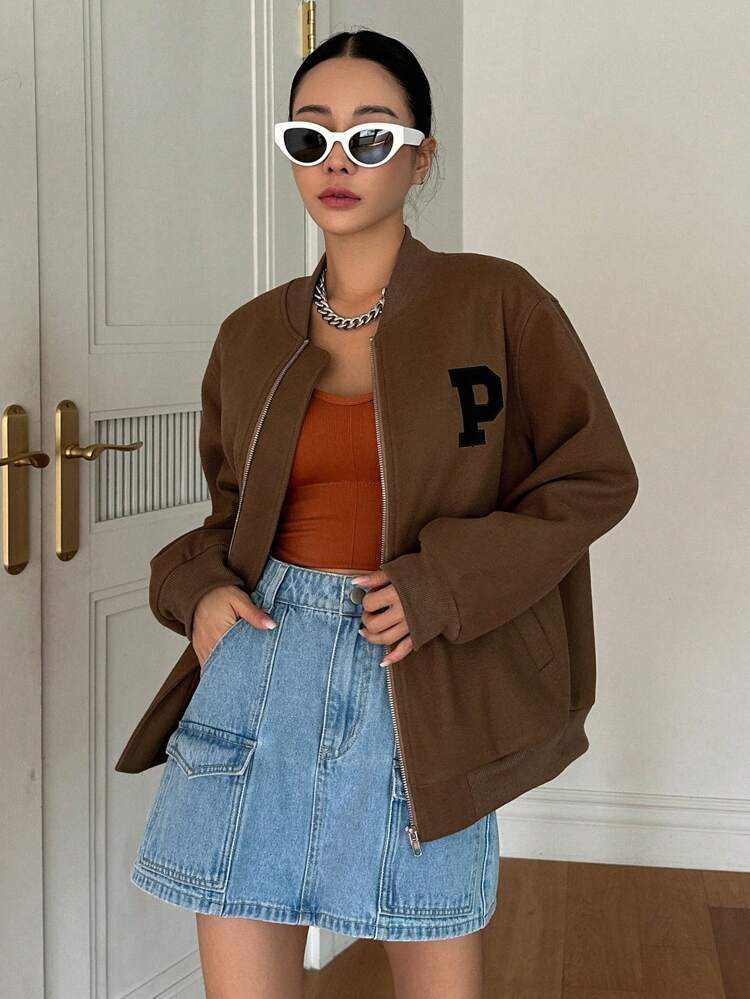 Letter Pattern Drop Shoulder Zip Up Bomber Jacket,Fall Women Clothes