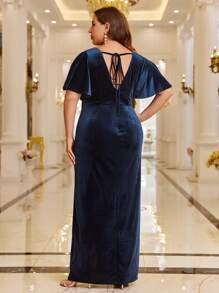 SHEIN Belle Hơn 1 Miếng áo tay bướm Bao bên Nhung Đầm - Màu xanh hải quân - Xem 2