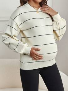 SHEIN 孕妇条纹落肩毛衣，适合冬季 - 米色 - 查看 6