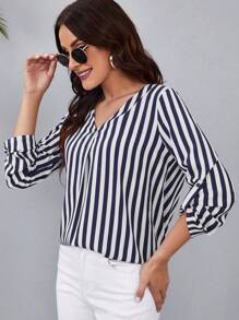 SHEIN Clasi 條紋印花捲邊袖襯衫 - 藍白色 - 查看 5