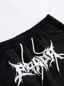 ROMWE MEN Goth Hombres Pantalones deportivos con estampado de cráneo y letra de cintura con cordón - Negro - Ver 3