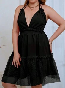 SHEIN LUNE Plus Contrast Mesh Ruffle Hem Tie Backless Halter Dress - Black - View 3