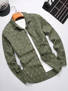 Manfinity Homme 男士纯色口袋贴片饶舌歌手时尚纯色牛仔衬衫（不含 T 恤），适合派对 - 軍綠色 - 查看 1