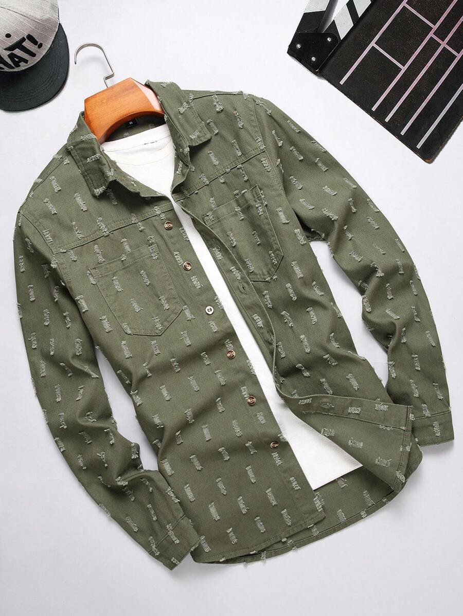 Manfinity Homme 男士纯色口袋贴片饶舌歌手时尚纯色牛仔衬衫（不含 T 恤），适合派对 - 軍綠色 - 查看 1