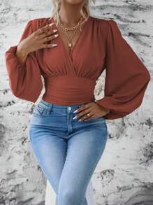 Wandoria Lantern Sleeve Ruched Blouse,Long Sleeve Tops - Rust Brown - View 4