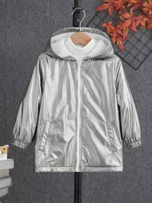 SHEIN 男小童拉鏈開襟連帽毛絨內襯金屬質感外套無毛衣 - 白色 - 查看 5