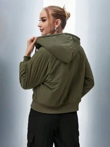 SHEIN Unity Zip Up Drawstring Hooded 2 In 1 Crop Padded Padded Coat Clothes Winter Fall Cloth For Women - Army Green - View 3