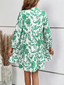 Chiquease 佩斯利印花缺口領荷葉邊娃娃裙 - 綠色 - 查看 2