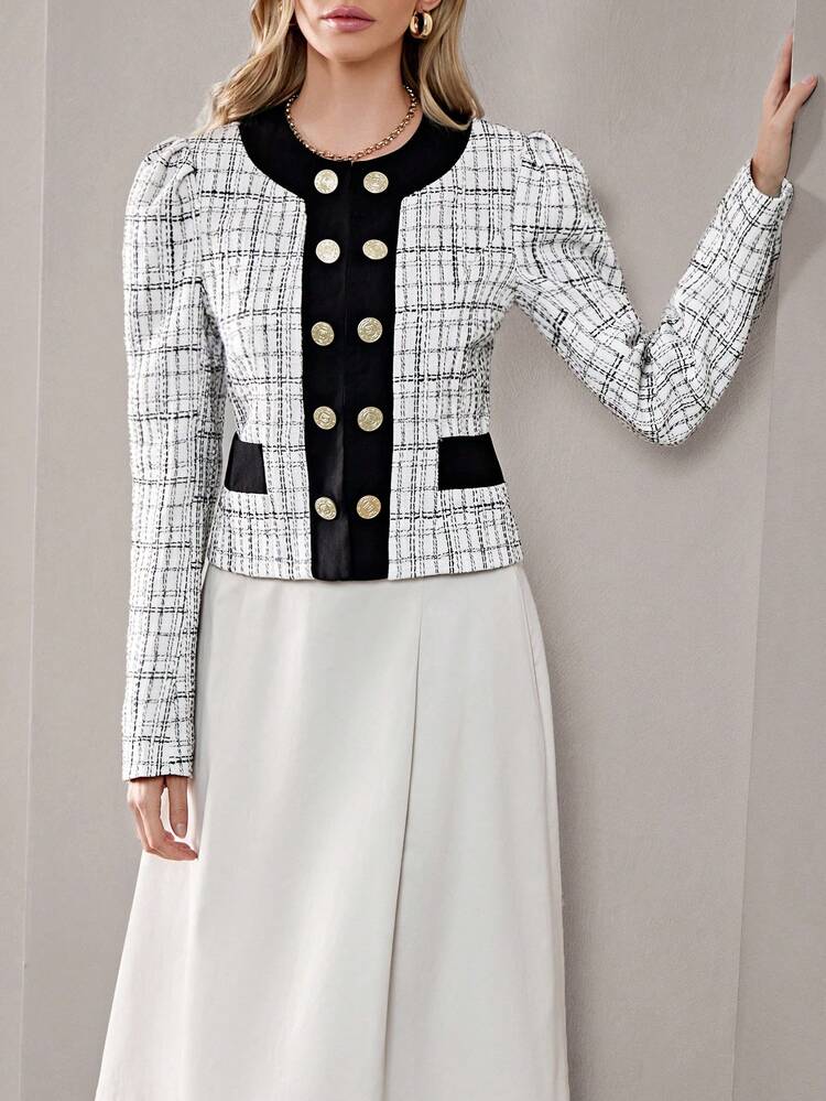 Plaid Pattern Double Breasted Tweed Overcoat Fall Cloth For Women