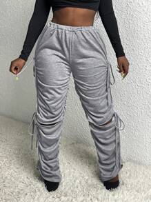 Slaydiva Drawstring Side Ruched Sweatpants - Grey - View 4