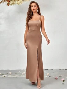 SHEIN Belle Split Thigh Satin Bridesmaid Dress - Champagne - View 6