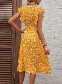 SHEIN LUNE Vestido con cinturón con estampado floral ribete con fruncido - Mostaza Amarilla - Ver 2