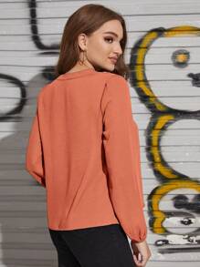 SHEIN Clasi V領燈籠袖素色上衣 - 珊瑚橙 - 查看 2