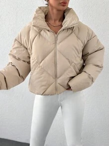 EURMUSE Slant Pocket Zip Up Puffer Coat - Beige - View 5