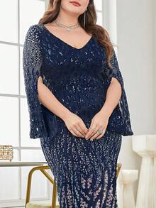 XUIBOL 加大开叉袖亮片派对礼服优雅长袖正式晚会舞会婚礼宾客礼服，适合毕业典礼、晚宴 - 藏蓝色 - 查看 6