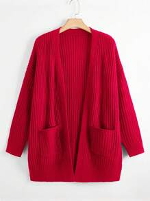 SHEIN LUNE Plus Drop Shoulder Open Front Dual Pocket Cardigan For New Year Clothes, For Winter