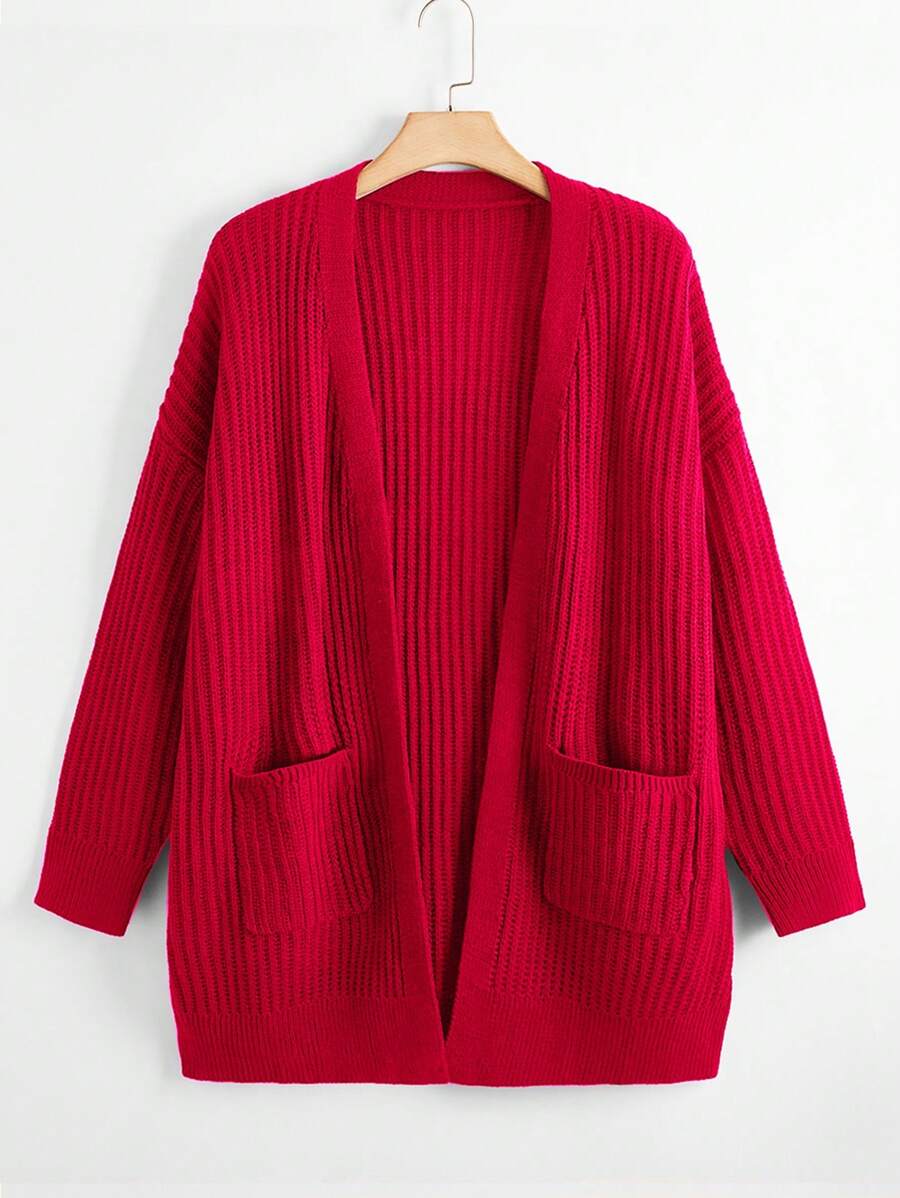 SHEIN LUNE Plus Drop Shoulder Open Front Dual Pocket Cardigan For New Year Clothes, For Winter