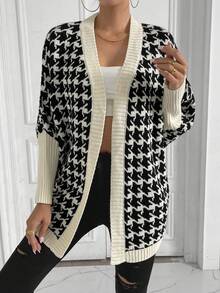 SHEIN Essnce 千鳥格圖案蝙蝠袖開襟開衫 - 黑色 - 查看 5