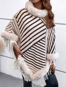 EMERY ROSE Suéter capa con patrón de rayas ribete lanudo - Beis - Ver 6