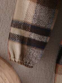SHEIN Cô Gái Trẻ In kẻ sọc Chi tiết về Flap Thắt lưng Áo khoác Không có áo len - màu nâu - Xem 6
