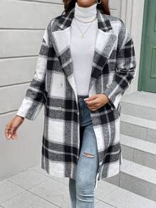 SHEIN LUNE 格紋雙排釦落肩袖花呢外套 - 黑與白 - 查看 3